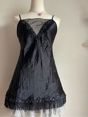 Victoria's Secret Black Lace-Trim Slip with Fringe Hem